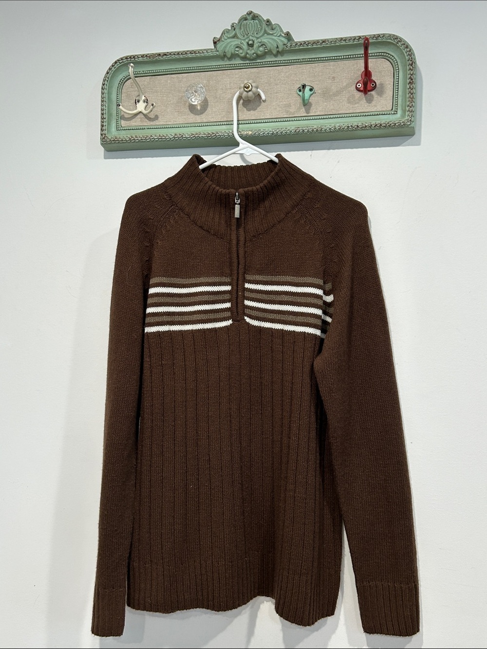 Vintage Vigo Brown V-Neck Half-Zip Sweater Cream Tan Stripes ribbed large men’s